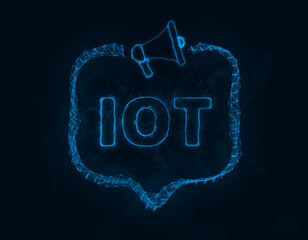 Leinwandbilder - Megaphone banner with speech bubble and text IOT. Plexus style of blue glowing dots and lines. Abstract illustration