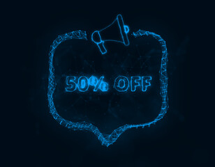 Leinwandbilder - Megaphone banner with speech bubble and text 50 percent off. Plexus style of blue glowing dots and lines. Abstract illustration