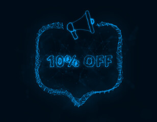 Leinwandbilder - Megaphone banner with speech bubble and text 10 percent off. Plexus style of blue glowing dots and lines. Abstract illustration