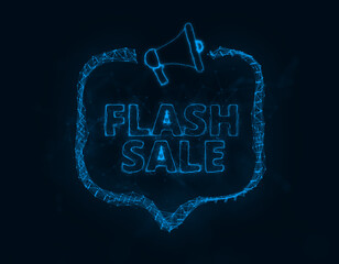 Poster - Megaphone banner with speech bubble and text flash sale. Plexus style of blue glowing dots and lines. Abstract illustration