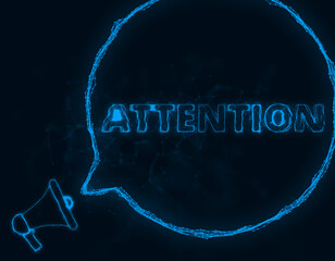 Aufkleber - Megaphone banner with speech bubble and text attention. Plexus style of blue glowing dots and lines. Abstract illustration