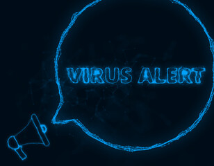 Poster - Megaphone banner with speech bubble and text virus alert. Plexus style of blue glowing dots and lines. Abstract illustration