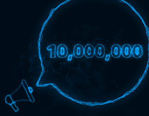 Leinwandbilder - Megaphone banner with speech bubble and 10000000 number. 10 million likes, followers. Plexus style of blue glowing dots and lines. Abstract illustration
