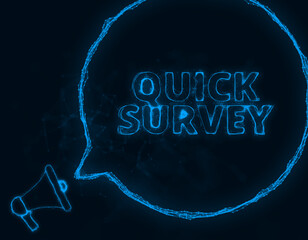 Leinwandbilder - Megaphone banner with speech bubble and text quick survey. Plexus style of blue glowing dots and lines. Abstract illustration