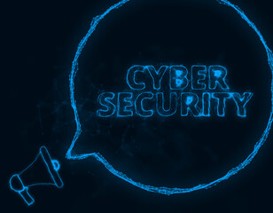 Leinwandbilder - Megaphone banner with speech bubble and text cyber security. Plexus style of blue glowing dots and lines. Abstract illustration