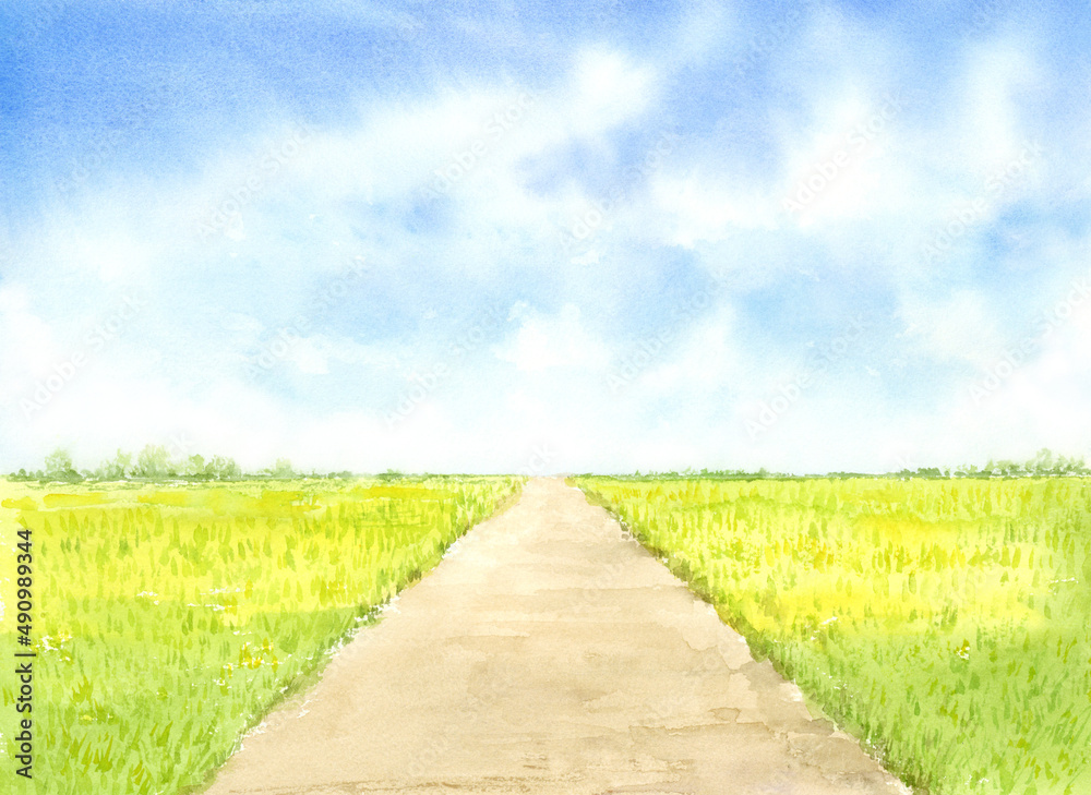 広大な草原に1本道の風景 水彩画 Stock Illustration | Adobe Stock