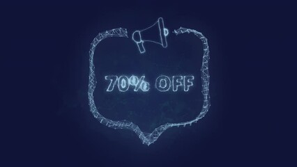 Poster - Megaphone banner with speech bubble and text 70 percent off. Plexus style of green glowing dots and lines