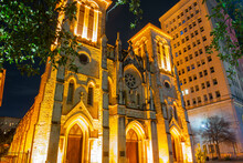San Fernando Cathedral At 115 Main Plaza (Plaza Mayor) At Night With Neon Light In Downtown San Antonio, Texas TX, USA. 