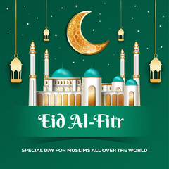 Canvas Print - eid al fitr design illustration with realistic mosque and golden moon