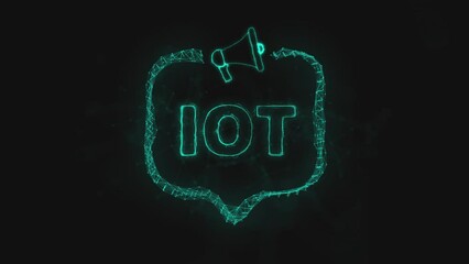 Poster - Megaphone banner with speech bubble and text IOT. Plexus style of green glowing dots and lines