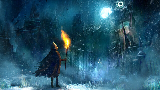 a fantasy character in a hooded raincoat with a burning torch, stands at the creepy open gate to an 