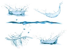 Water Crown Splash And Wave Swirl And Drops. Vector Liquid Splashing Aqua Dynamic Motion, Blue Water Flow With Spray Droplets Side View Isolated On White Background, Realistic 3d Pure Water Splashes