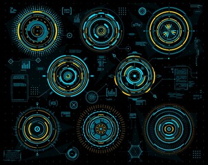 Poster - HUD futuristic graphs and circular interface panels. Sci Fi, technology and visual data. Hologram circles of head up display digital screen with blue and yellow neon charts