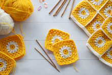 Crochet Handmade Granny Square Pattern, Crocheting Supplies, Assorted Colored Wool Yarn, Hook, Knitting Crocheting