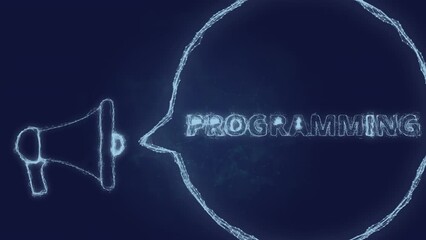 Fototapete - Megaphone banner with speech bubble and text programming. Plexus style of green glowing dots and lines