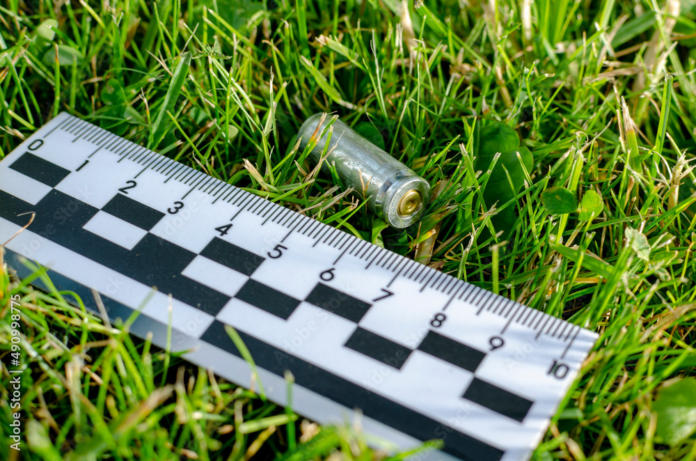 pistol case at the crime scene. forensic ruler Stock Photo | Adobe Stock