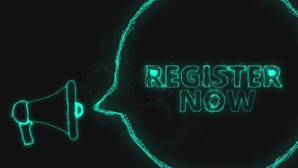 Poster - Megaphone banner with speech bubble and text register now. Plexus style of green glowing dots and lines