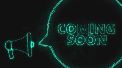 Poster - Megaphone banner with speech bubble and text coming soon. Plexus style of green glowing dots and lines