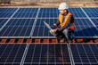 © dusanpetkovic1 - A worker testing solar panels on the laptop while crouching on the roof.
