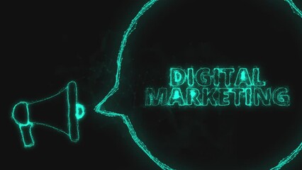 Fototapete - Megaphone banner with speech bubble and text digital marketing. Plexus style of green glowing dots and lines