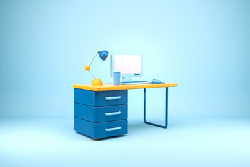 Poster - Workspace with pc desktop, table and mockup display