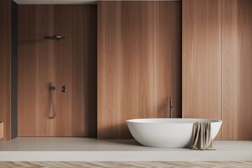 Wall Mural - Wooden bathroom interior with bathtub and shower. Empty wall