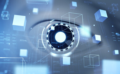 Poster - robot eye and data blocks in cyberspace, metaverse and virtual reality