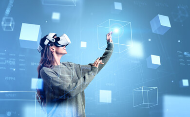 Poster - Woman in vr glasses, data blocks in cyberspace, information fields