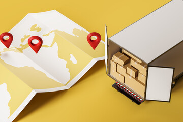 Wall Mural - Truck full of boxes, world map, shipping and delivery or goods