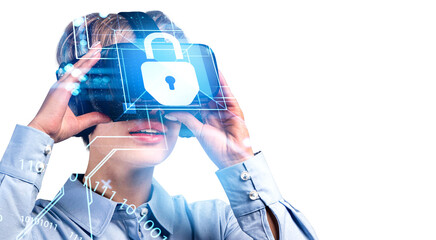 Poster - Woman in vr glasses, cybersecurity hologram and lock with binary. Copy space