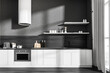 © ImageFlow - Dark cooking set interior with shelves and appliances, window