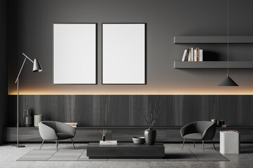 Dark living room interior with two empty white posters