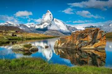 Stunning view with Matterhorn peak from the Stellisee lake, Switzerland