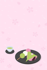 Wall Mural - vector background with Japanese dango sweet rice dumplings, Sakura mochi and a cup of green tea