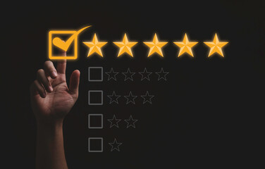 Aufkleber - Hand touching and doing mark to five yellow stars on black background, the best customer satisfaction and evaluation for good quality product and service.