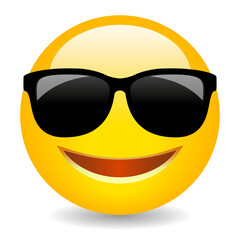 Sticker - Cool smiling emoji with sunglasses, vector cartoon