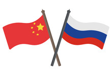 Flag Of Russia And China. Banner Crossed Among Themselves. Color Vector Illustration. Symbols Of The States. Political Themes. Flat Style. National Sign. Isolated Background. Idea For Web Design.
