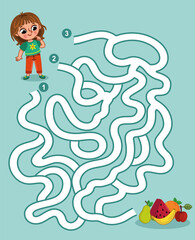 Wall Mural - Help the little girl to reach delicious fruits. Maze game vector illustration for children.