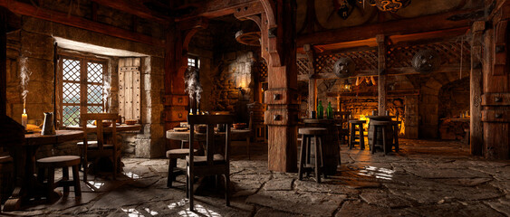 Poster - Wide panoramic view of the bar area in a fantasy medieval tavern with open fire in the background. 3D rendering.