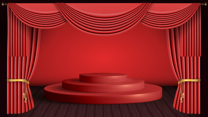 Theatrical stage with red curtains and red stage. 3d drapery vector.