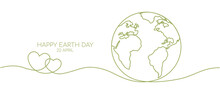 Happy Earth Day Banner By Green Continuous Single Line Drawing Heart Embrace And World Map Isolated On White Background For Banner In Concept Environment, Ecology, Eco Friendly