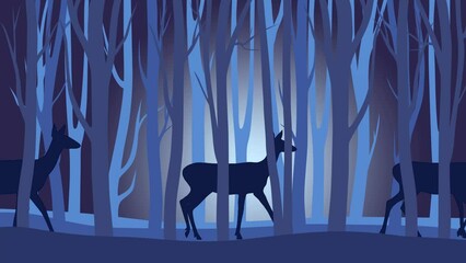 Wall Mural - Beautiful night landscape with roe deer walking in the forest (animation, seamless loop)