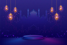 Blue Podium Background With Mosque Shape And Lantern For Your Product Advertisement Islamic Theme