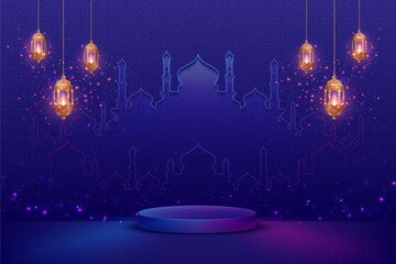 blue podium background with mosque shape and lantern for your product advertisement islamic theme