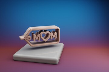 Poster - Wonderful badge with word MOM and heart icons. Mothers Day symbol icons on a ceramic stand and bright colored background. 3d rendering illustration. Background pattern for design.