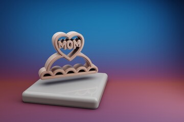 Poster - Wonderful cake with word MOM and heart icons. Mothers Day symbol icons on a ceramic stand and bright colored background. 3d rendering illustration. Background pattern for design.