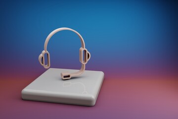 Poster - Wonderful  Headphones with Mic. Beautiful music symbol icons on a ceramic stand and bright colored background. 3d rendering illustration. Background pattern for design.