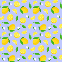 Wall Mural - Pattern lemon with leaf and white flower in cartoon style. Vector whole and parts sweet lemon isolated on a white background.