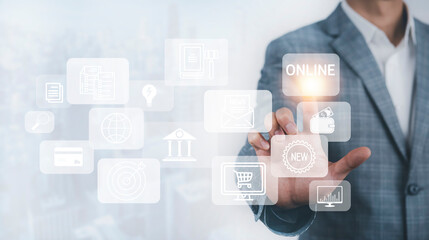 Poster - Businessman touchscreen online word on the graph Screen Icon of a media screen, Technology Process System Business with Communication and marketing concept, Team success, HR Human, Business success