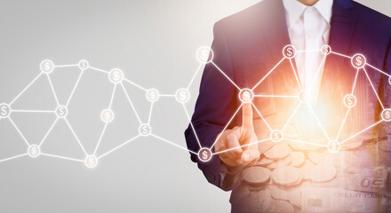 Poster - Businessman touchscreen on the money graph Screen Icon of a media screen, Technology Process System Business with Communication and marketing concept, Team success, HR Human, Business success